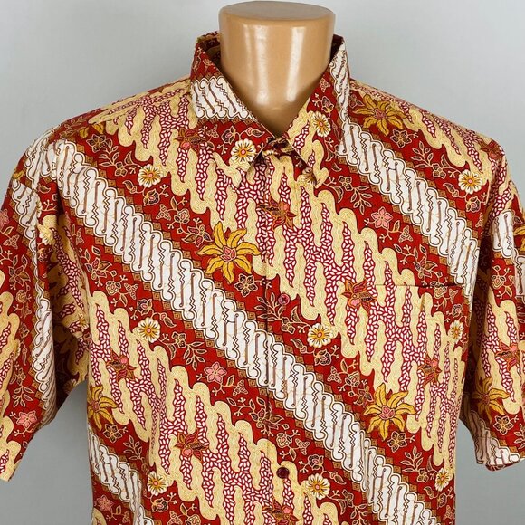 Vtg Keris Fashion Batik Print Shirt Sz 3XL Red Yellow Floral Boho Artsy Tropical - Picture 2 of 6